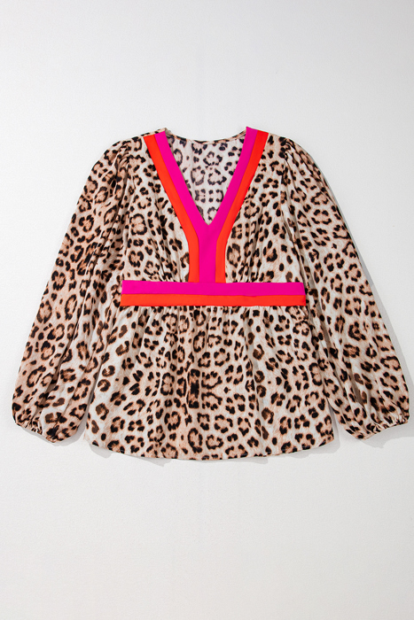  Cheetah Color Block V Neck Balloon Sleeve Babydoll Blouse | S-XL