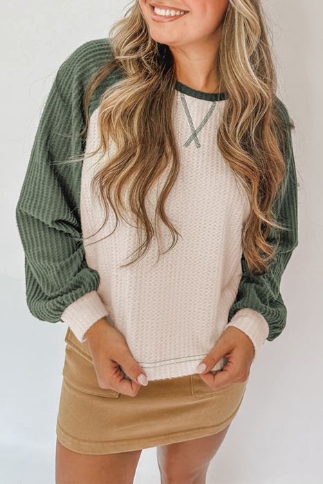 Waffle Color Block Raglan Sleeve Top | S-XL
