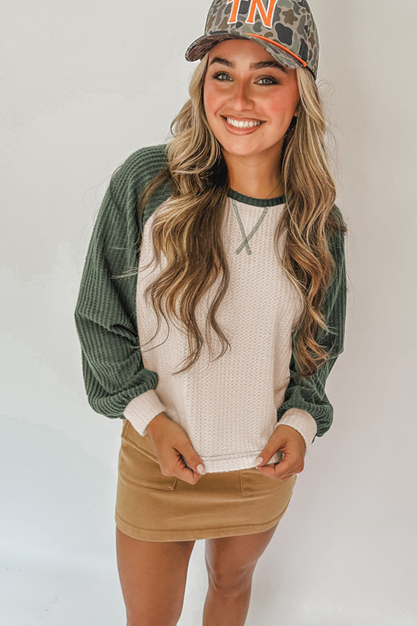 Waffle Color Block Raglan Sleeve Top | S-XL