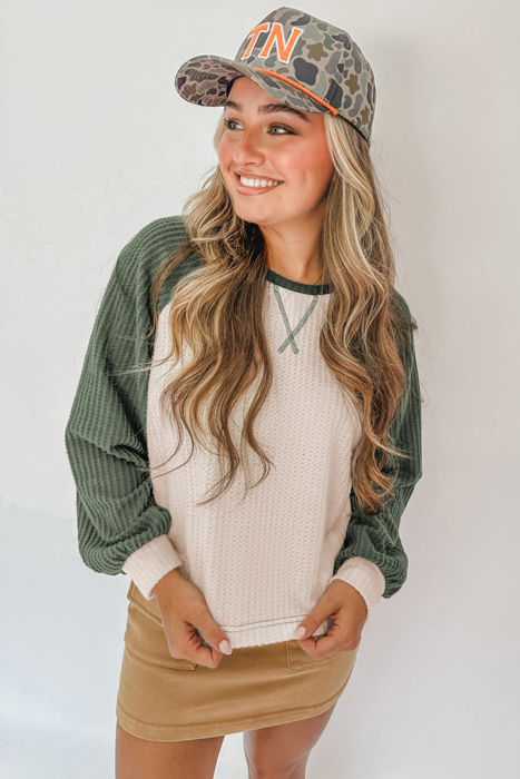 Waffle Color Block Raglan Sleeve Top | S-XL