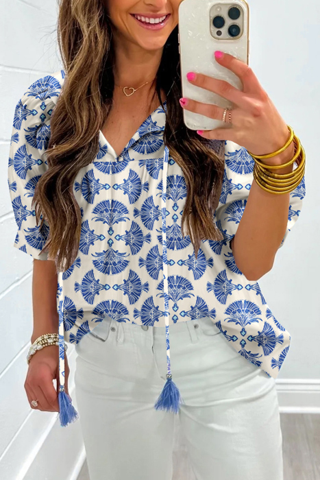 Geometric Print Tassel Drawstring  Blouse