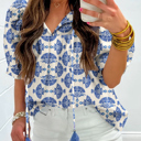  Geometric Print Tassel Drawstring  Blouse