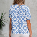  Geometric Print Tassel Drawstring  Blouse