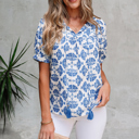  Geometric Print Tassel Drawstring  Blouse