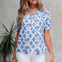Small Blue Geometric Print Tassel Drawstring  Blouse