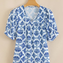  Geometric Print Tassel Drawstring  Blouse