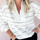  Buttery Zip V Neck Casual Stripe Print Long Sleeve Top