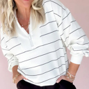  Buttery Zip V Neck Casual Stripe Print Long Sleeve Top