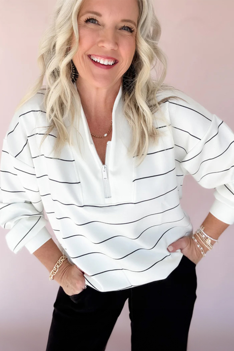 Buttery Zip V Neck Casual Stripe Print Long Sleeve Top