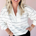  Buttery Zip V Neck Casual Stripe Print Long Sleeve Top
