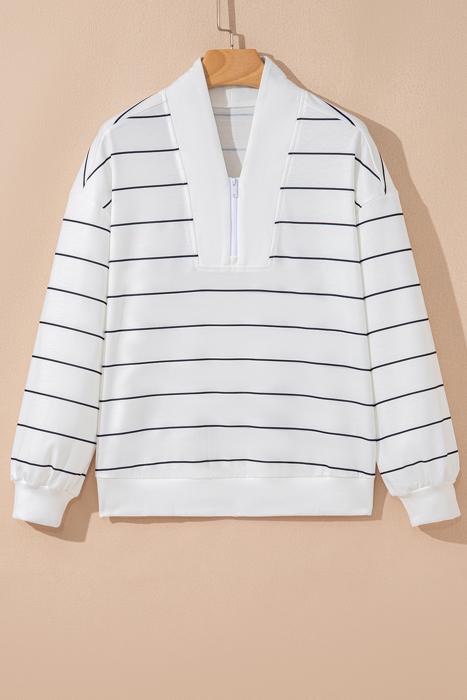 Buttery Zip V Neck Casual Stripe Print Long Sleeve Top