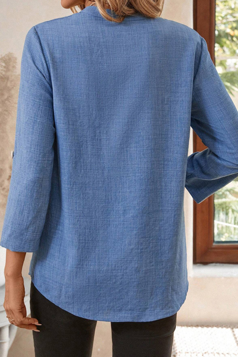 Notched V Neck Roll up 3/4 Sleeve Blouse | S-XL