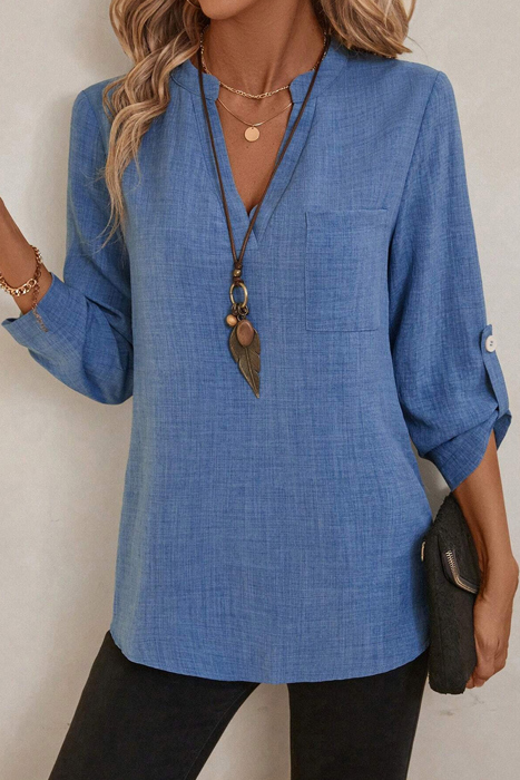 Notched V Neck Roll up 3/4 Sleeve Blouse | S-XL