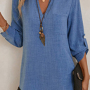  Notched V Neck Roll up 3/4 Sleeve Blouse | S-XL
