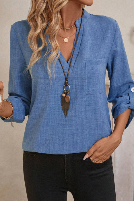 Notched V Neck Roll up 3/4 Sleeve Blouse | S-XL