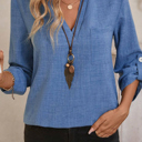  Notched V Neck Roll up 3/4 Sleeve Blouse | S-XL