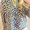  Leopard Print Contrast Striped V Neck Blouse | S-XL