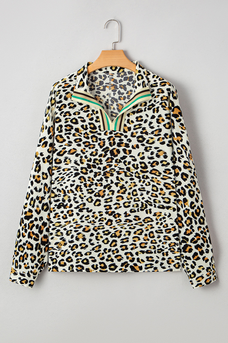 Leopard Print Contrast Striped V Neck Blouse | S-XL