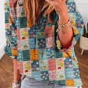  Boho Print Bloom Collared Roll up Sleeve Blouse | S-XL