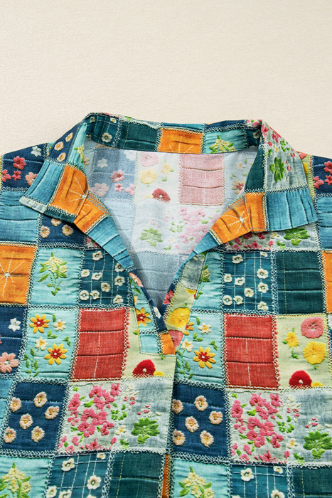 Boho Print Bloom Collared Roll up Sleeve Blouse | S-XL
