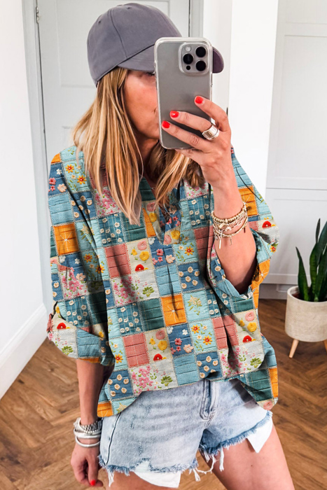 Boho Print Bloom Collared Roll up Sleeve Blouse | S-XL