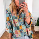  Boho Print Bloom Collared Roll up Sleeve Blouse | S-XL