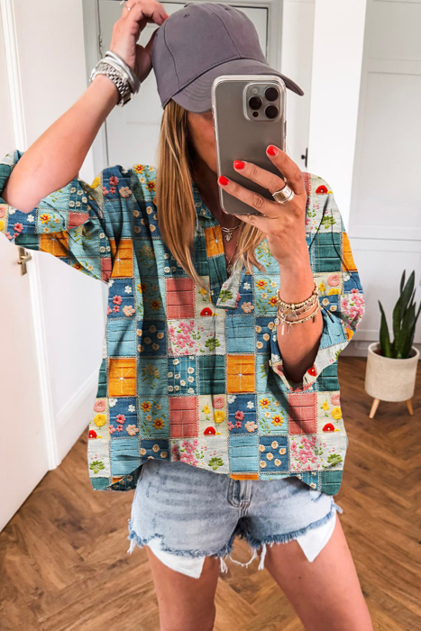 Boho Print Bloom Collared Roll up Sleeve Blouse | S-XL