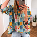  Boho Print Bloom Collared Roll up Sleeve Blouse | S-XL