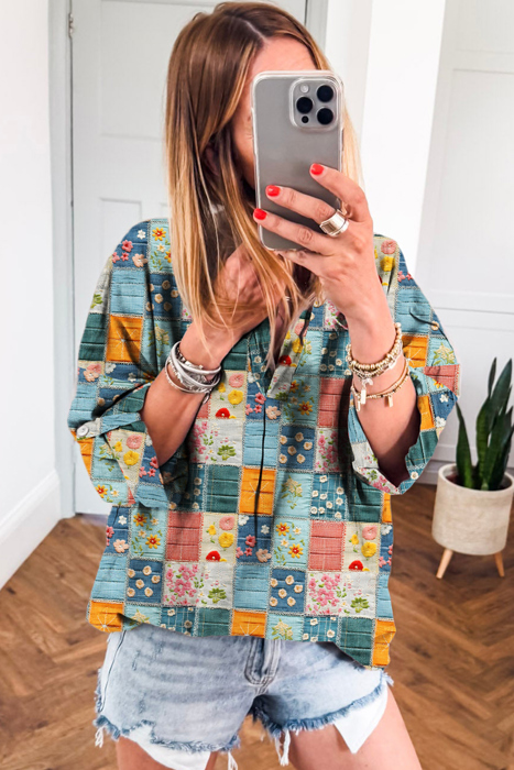 Boho Print Bloom Collared Roll up Sleeve Blouse | S-XL