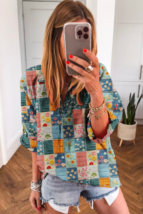 Boho Print Bloom Collared Roll up Sleeve Blouse | S-XL