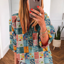  Boho Print Bloom Collared Roll up Sleeve Blouse | S-XL
