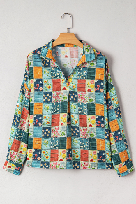 Boho Print Bloom Collared Roll up Sleeve Blouse | S-XL