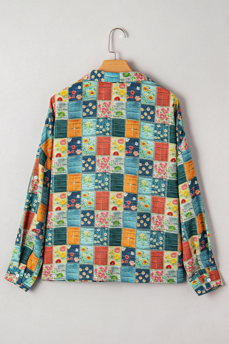 Boho Print Bloom Collared Roll up Sleeve Blouse | S-XL