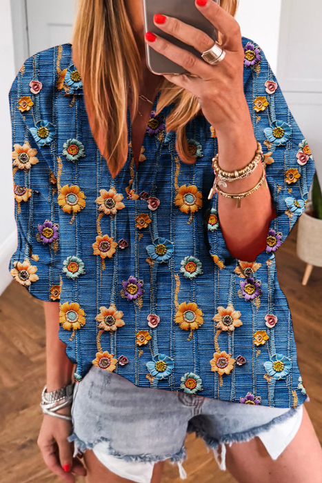 Boho Print Bloom Collared Roll up Sleeve Blouse | S-XL