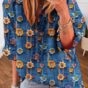  Boho Print Bloom Collared Roll up Sleeve Blouse | S-XL