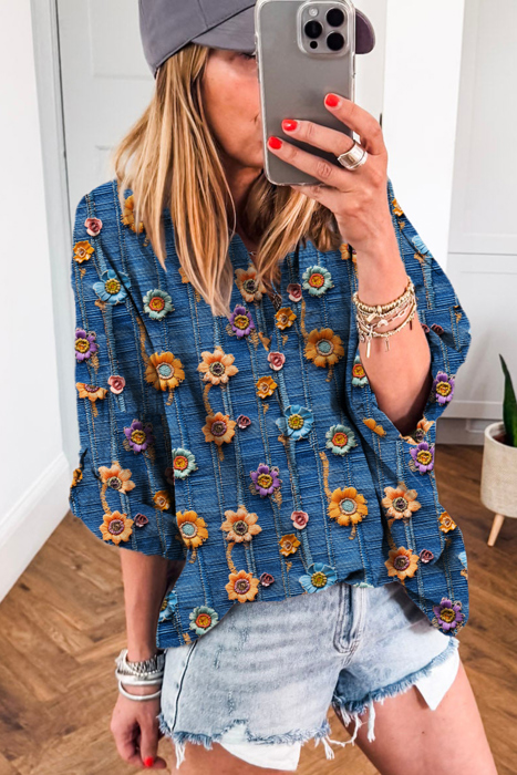 Boho Print Bloom Collared Roll up Sleeve Blouse | S-XL