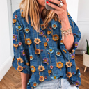  Boho Print Bloom Collared Roll up Sleeve Blouse | S-XL