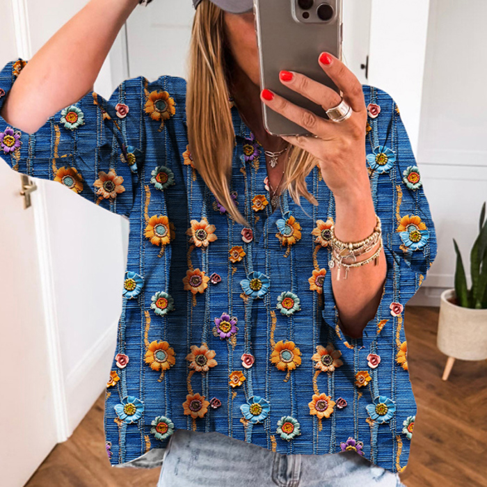 Spring Boho Bloom Print Roll Up Sleeve Blouse | S-XL