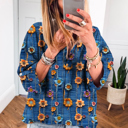  Boho Print Bloom Collared Roll up Sleeve Blouse | S-XL