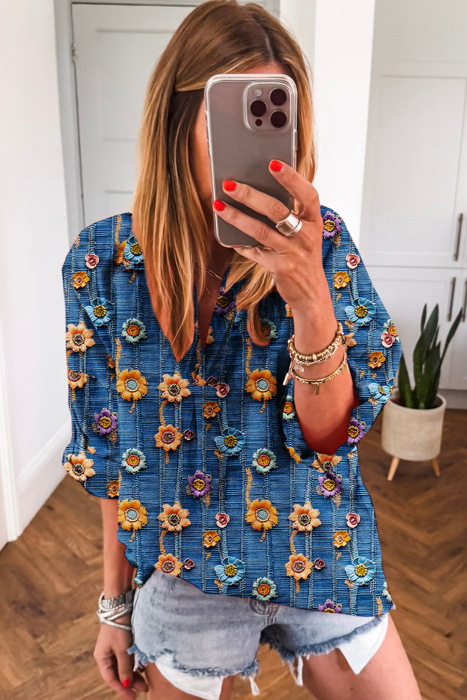 Boho Print Bloom Collared Roll up Sleeve Blouse | S-XL