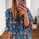  Boho Print Bloom Collared Roll up Sleeve Blouse | S-XL