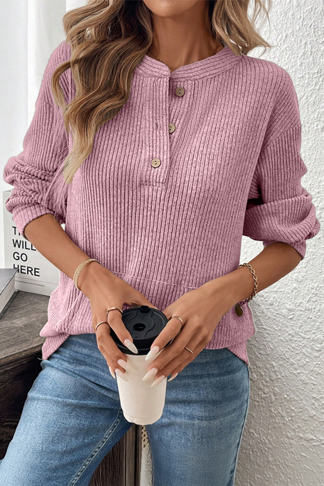 MY DREAM LIFE | Ribbed  Henley Knit Front Pouch Pocket Top | S-XL