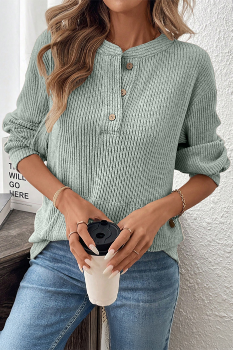 MY DREAM LIFE | Ribbed  Henley Knit Front Pouch Pocket Top | S-XL