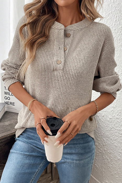 Ribbed  Henley Knit Front Pouch Pocket Top | S-XL