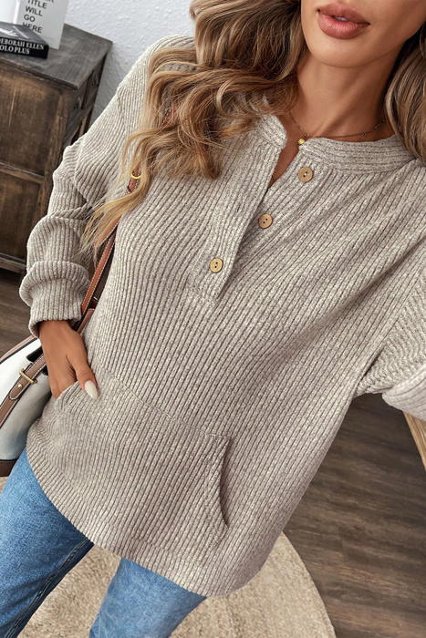 Ribbed  Henley Knit Front Pouch Pocket Top | S-XL