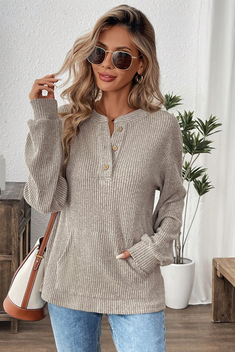 Ribbed  Henley Knit Front Pouch Pocket Top | S-XL