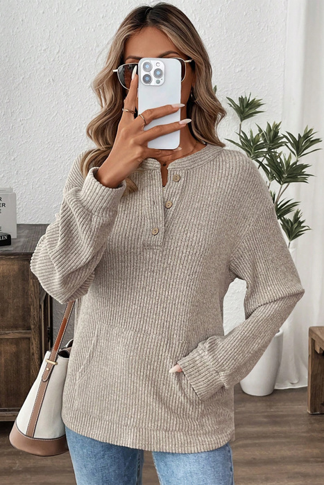 Ribbed  Henley Knit Front Pouch Pocket Top | S-XL