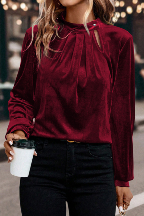 MY DREAM LIFE | Asymmetric Button Keyhole Neck Velvet Blouse | S-XL
