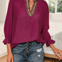 Small Red Violet Wild Grace Leopard Trim Blouse | S-XL