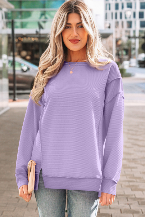 Ribbed Exposed Seam Detail Drop Shoulder Baggy Pullover |  S-XL